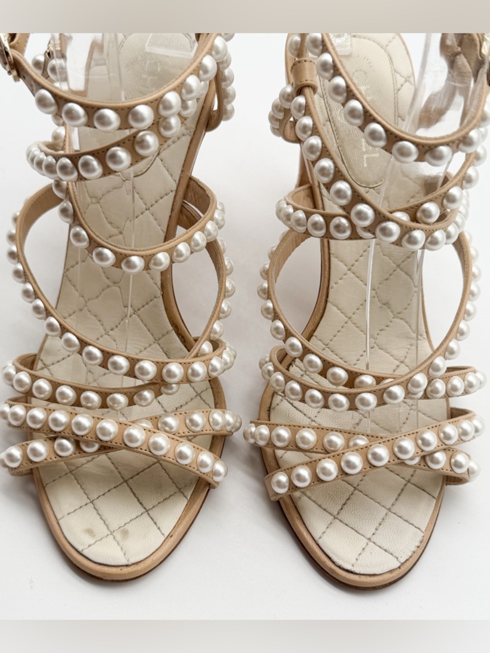 Chanel Beige Quilted Leather Pearl Embellished Ankle Strap Sandals Heels EU 37.5 - Picture 9 of 16